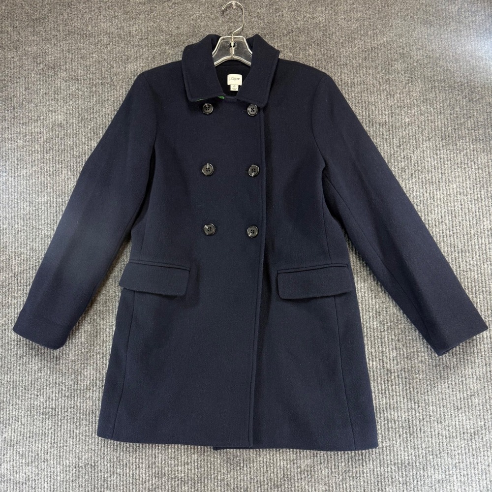 J.Crew Womens Navy Blue Wool Blend Double Breasted Pea Coat Size 6 Green Collar